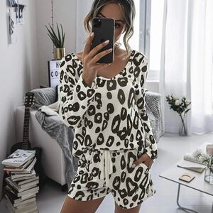 Leopard Print Pajama Lounge Set Small Cream Brown Long Sleeve Sleepwear NEW